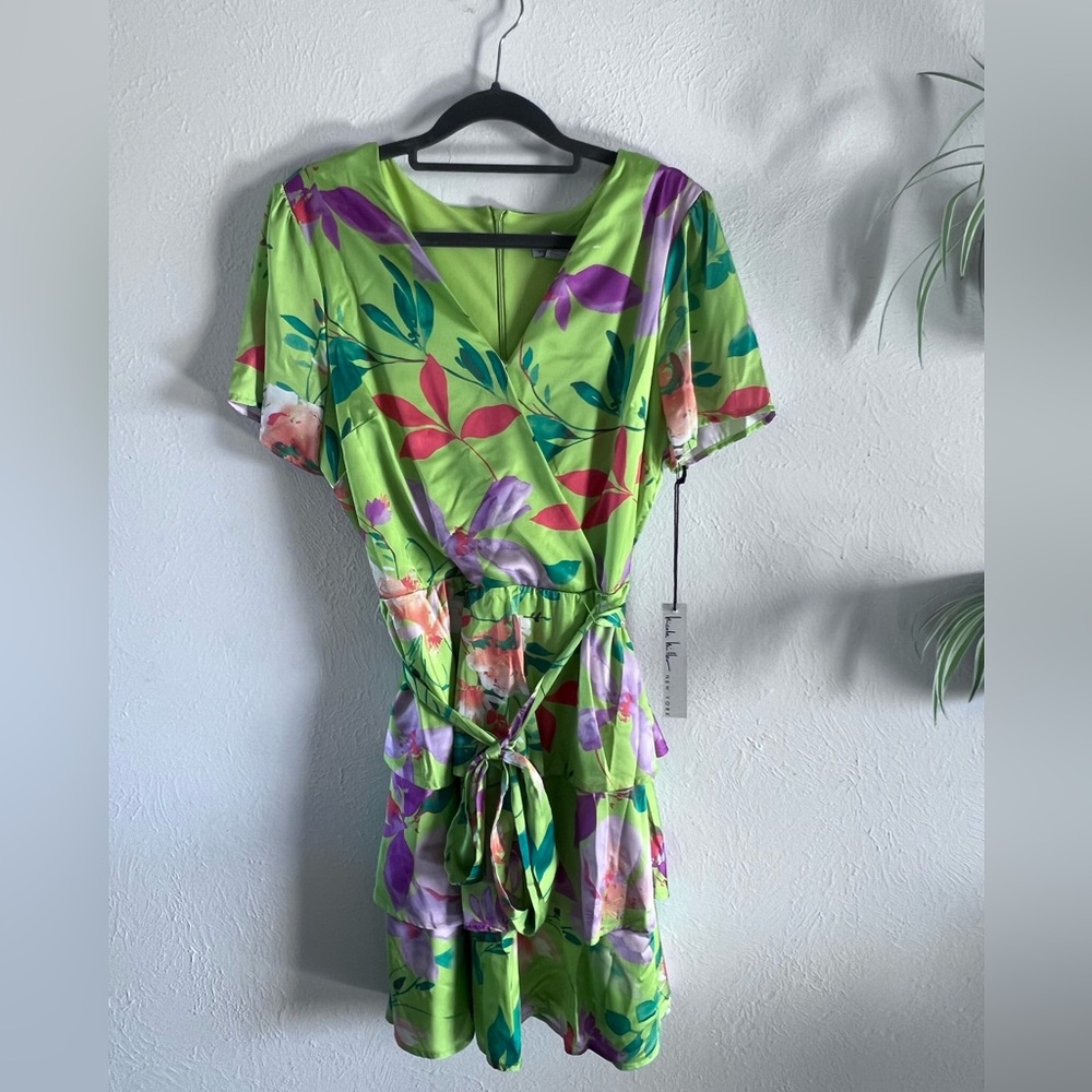 Nicole Miller Lime and Pink Floral Dress- Size Large